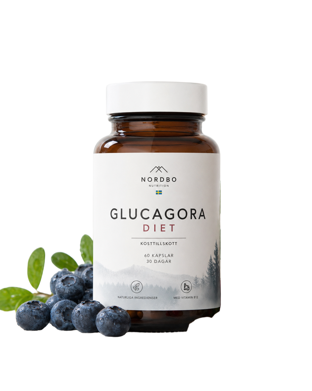 Glucagora Diet™ supplement bottle sold in Finland, shown with fresh bilberries