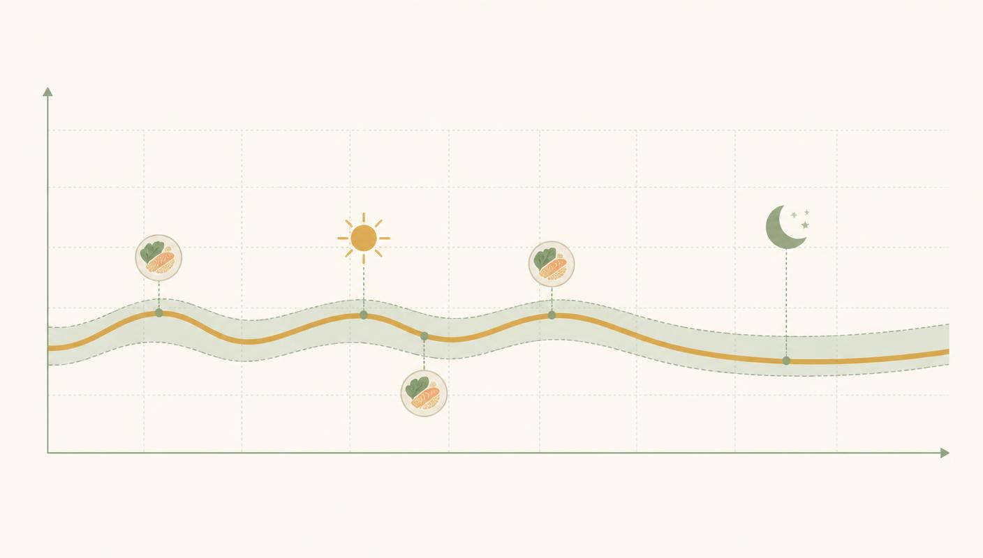 Illustration of a smoother daily blood glucose curve with meals, comparing sharp spikes to gentler rises
