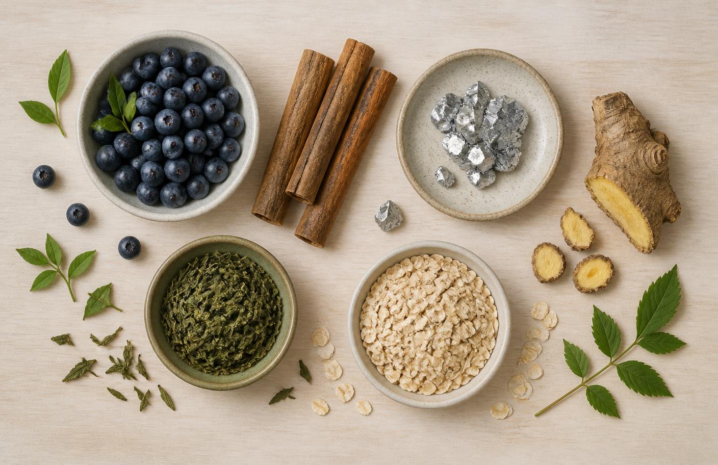 Glucagora Diet ingredient family: bilberries, cinnamon bark, chromium, ginger root, green tea and oats laid out on birch wood