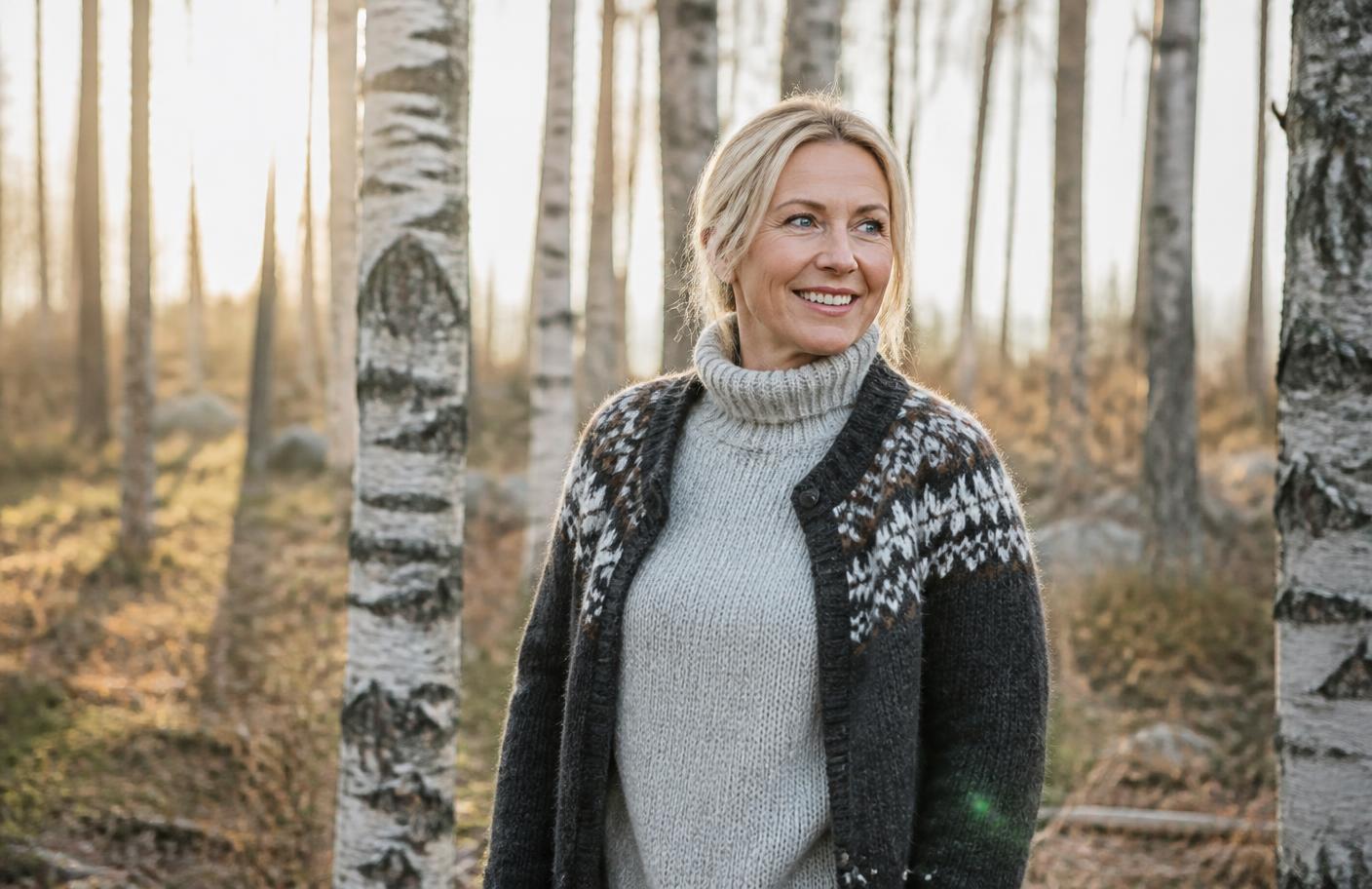 A Finnish woman walking through a birch forest, illustrating everyday lifestyle habits alongside Glucagora Diet in Finland